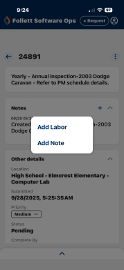 Add labor or notes for a request.